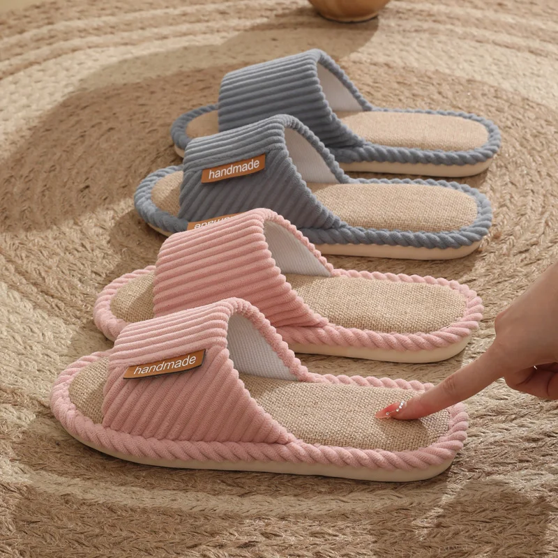 Linen slippers for men, quiet and breathable flooring for home use, cotton and linen slippers for women in summer