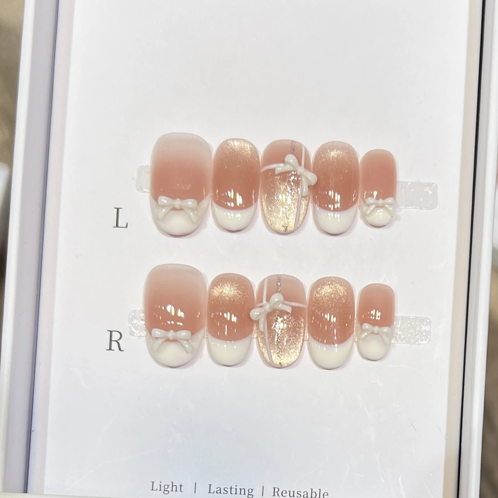 10PCS Short Oval French Cat Eye Press on Nails with Handmade Bow Decor Sweet Charming False Nails for Women Girls DIY Nails Art
