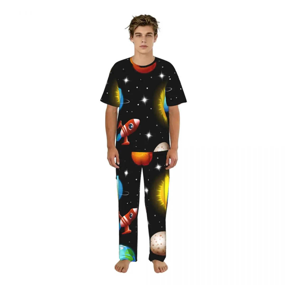 

Мужская пижама с короткими рукавами, комплект из двух предметов: брюки и футболка, с принтом «Ракеты, летающие сквозь звездное небо в космосе», домашний костюм, одежда для сна.