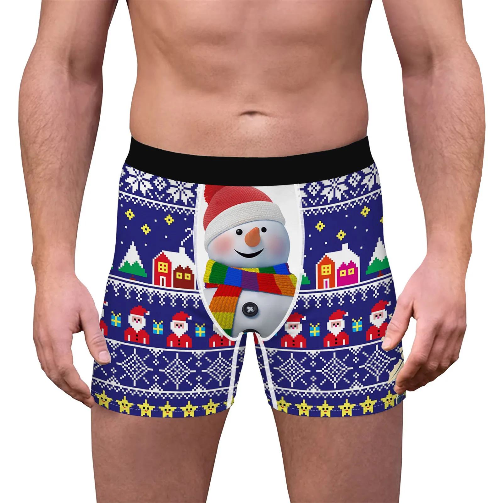 Mens Christmas Print Flat Slim Long Breathable Underwear Pants Fashionable Sports Casual Sports Boxers With Pocket Underwear Men