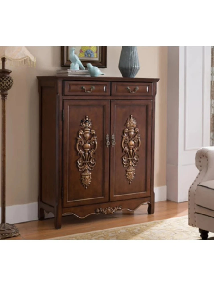 American-Style Solid Wood Shoe Cabinet Retro Simple Two-Door Entrance Cabinet Storage Hall Cabinet Small Apartment  Furniture