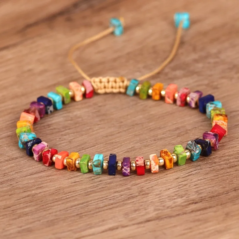 2x4mm Multicolour Square Natural Stone Bracelet for Women Men Tibetan Gypsy Beaded Woven Bracelets Boho Yoga Meditation Jewelry