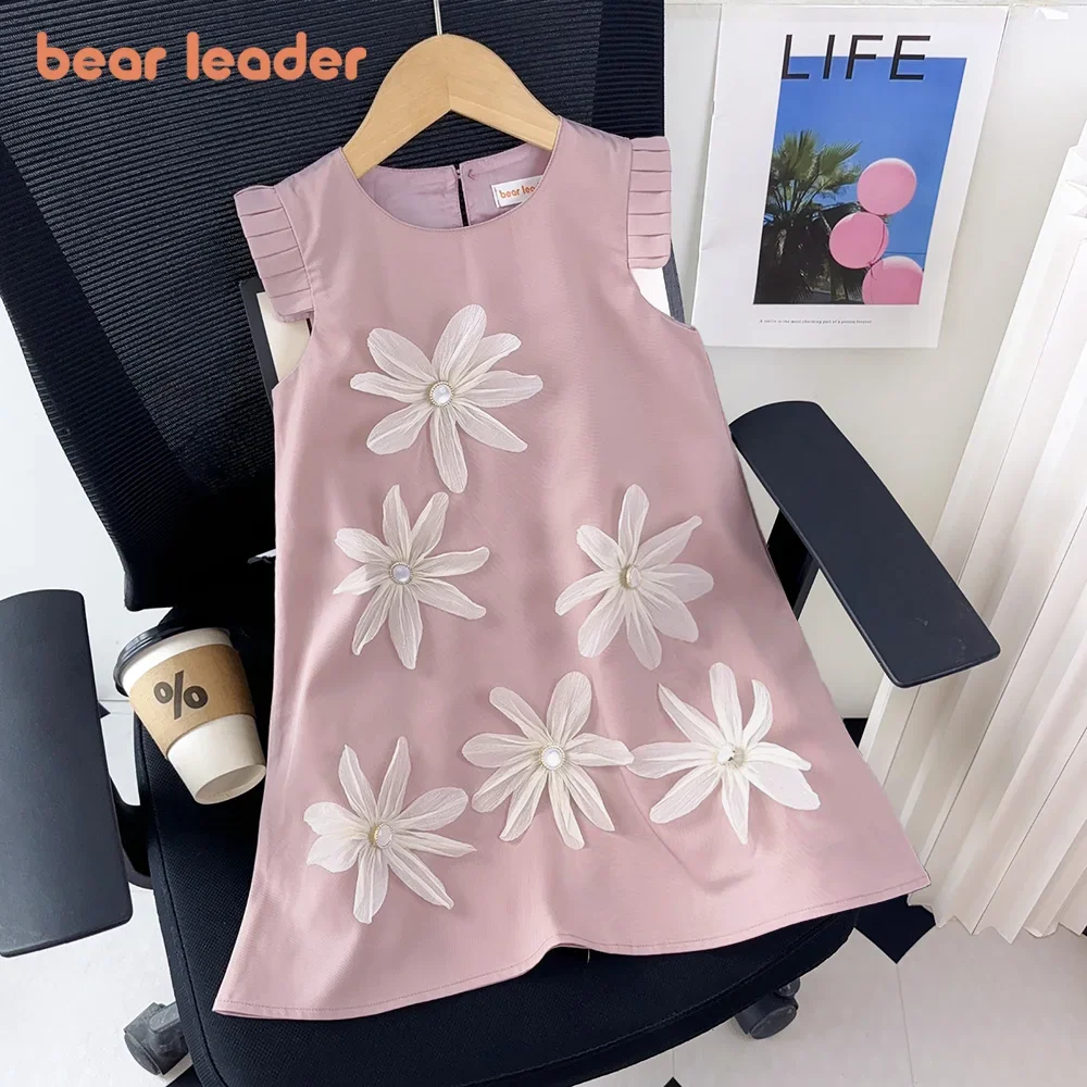 Bear Leader 2-7 Year Old Children's Wedding Birthday Party Clothing Summer Girl Princess Beige 3D Flower Tank Top Dress