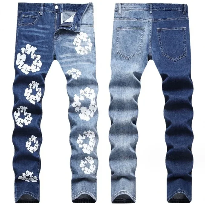 

New European and American Men's Fashion Jeans with Light and Dark Double-color Printing, Small Straight Tube and No Elasticity.