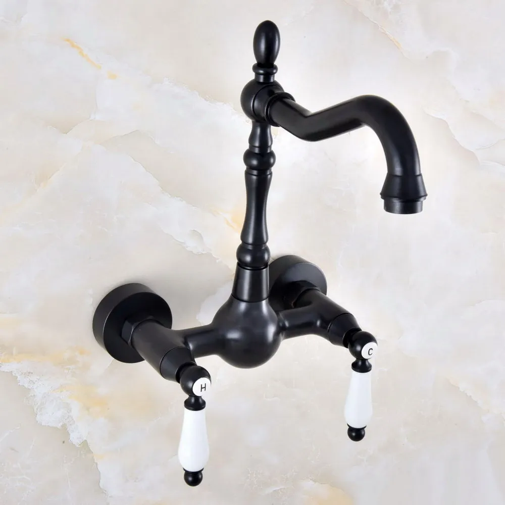 

Oil Rubbed Bronze Bathroom Kitchen Sink Basin Faucet Mixer Tap Swivel Spout Wall Mounted Dual Ceramic Handles tnf856