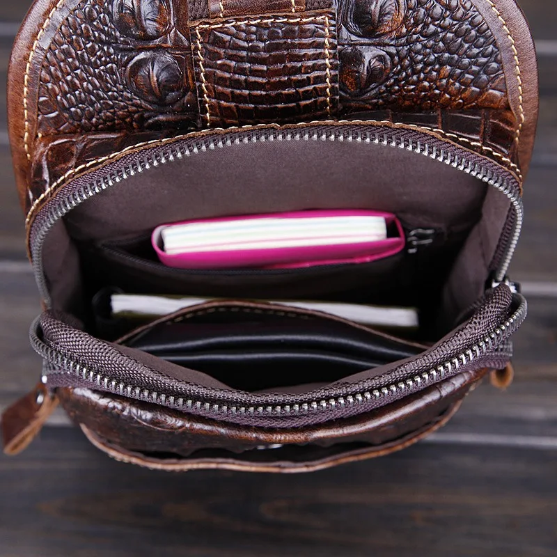 Nesitu Highend Vintage Coffee Top Grain Crocodile Grain Genuine Leather Women Men Chest Messenger Bag Cowhide Phone Purse M014