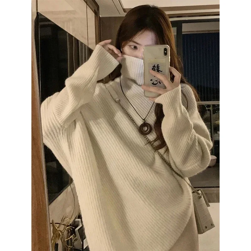 MEXZT Irregular Turtleneck Sweater Women Vintage Knitted Pullovers Korean Asymmetrical Knitwears Streetwear Casual Chic Jumper