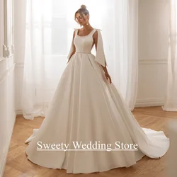 Modern Pearls Wedding Dress Customized Scoop Neck Sleeveless Bow Sweep Train A Line Satin Bridal Gown for Bride Robe Mariee