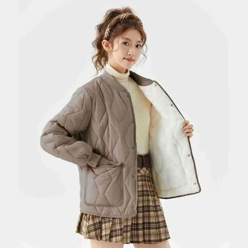 Invierno nueva moda mujer Color sólido manga larga de un solo pecho Casual moda bolsillo algodón acolchado abrigos ropa femenina Tops