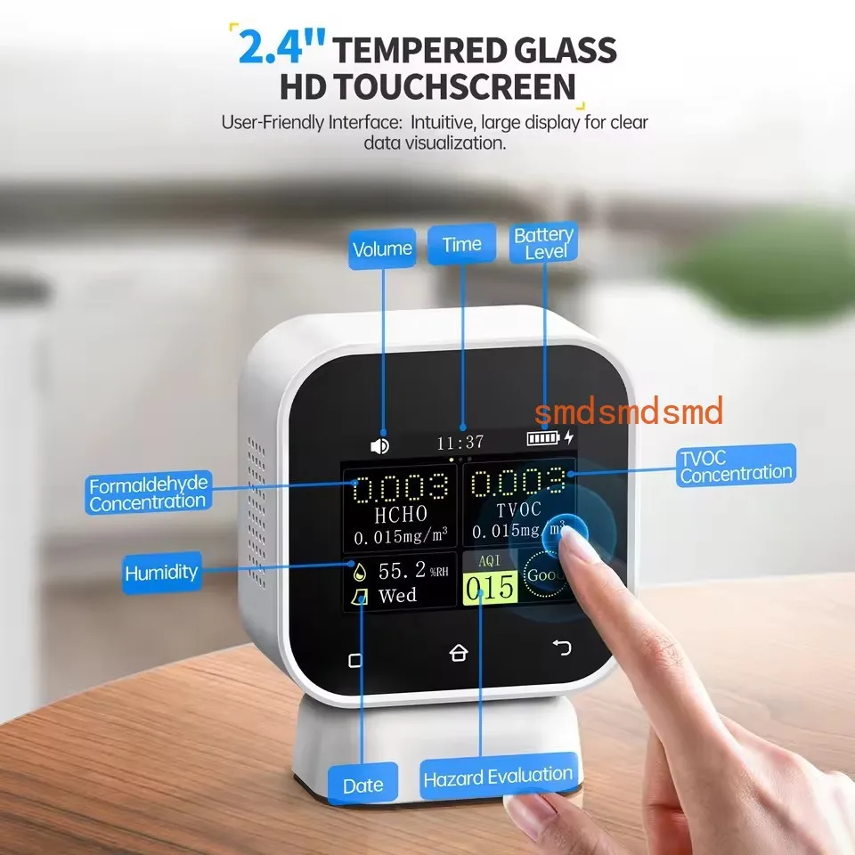 

SFD-02 4-IN-1 Indoor Air Quality Monitor Touchscreen Formaldehyde Detector HCHO TVOC Temperature Tester Type-C Charging