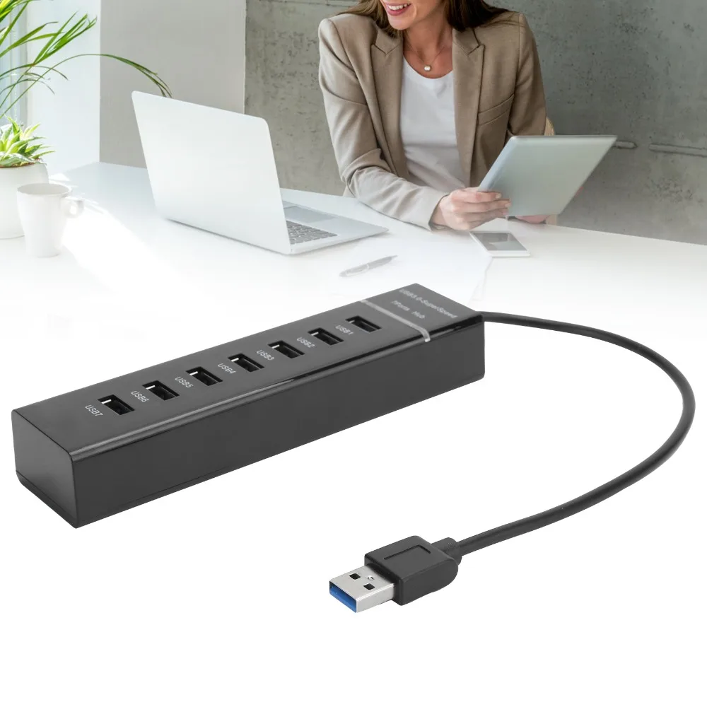 Durable Blue LED Indicator USB 3.0 Hub High Speed 5Gbps Plug and Play 7Port Splitter DC 5V USB Data Hub Laptop