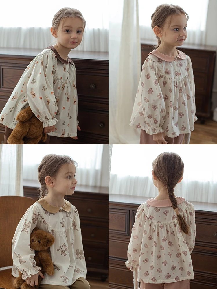 Girl's Little Rabbit Print A-line Shirt Spring Childlike Cute Lapel Long Sleeve Top