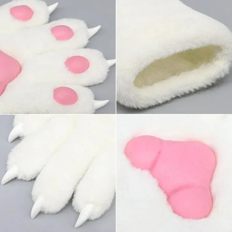 Gants de patte d'animal en fausse fourrure, coussinets à griffes, chat, ours, renard, loup, mitaines de Cosplay pour Halloween, accessoires de fête Kigurumi de bande dessinée