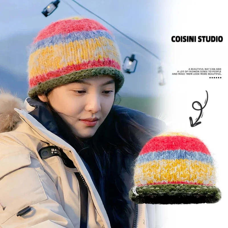 Ins Cute Color Matching Crimped Knitted Hats for Women and Men Autumn Winter Casual Warm Niche Colourful Striped Beanies Cap Y2K