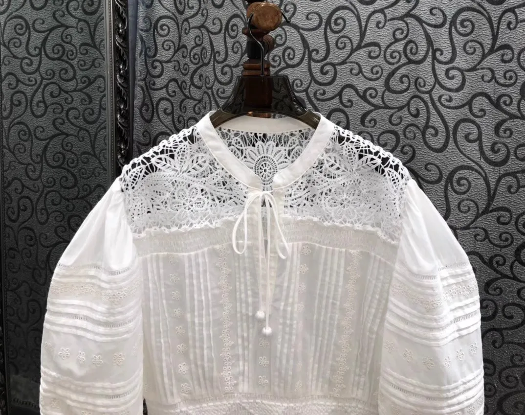 100%Cotton Blouse Shirt 2025 Summer Style Women Crochet Lace Embroidery Patchwork 3/4 Sleeve Black White Sexy Crop Tops Clothes view 3