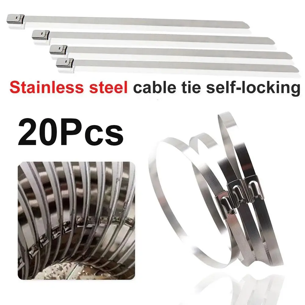 20Pcs 4.6mm 304 Stainless Steel Cable Ties Exhaust Wrap Tight Self-Locking Cable Zip Tie Multi-Purpose Metal Locking Ties