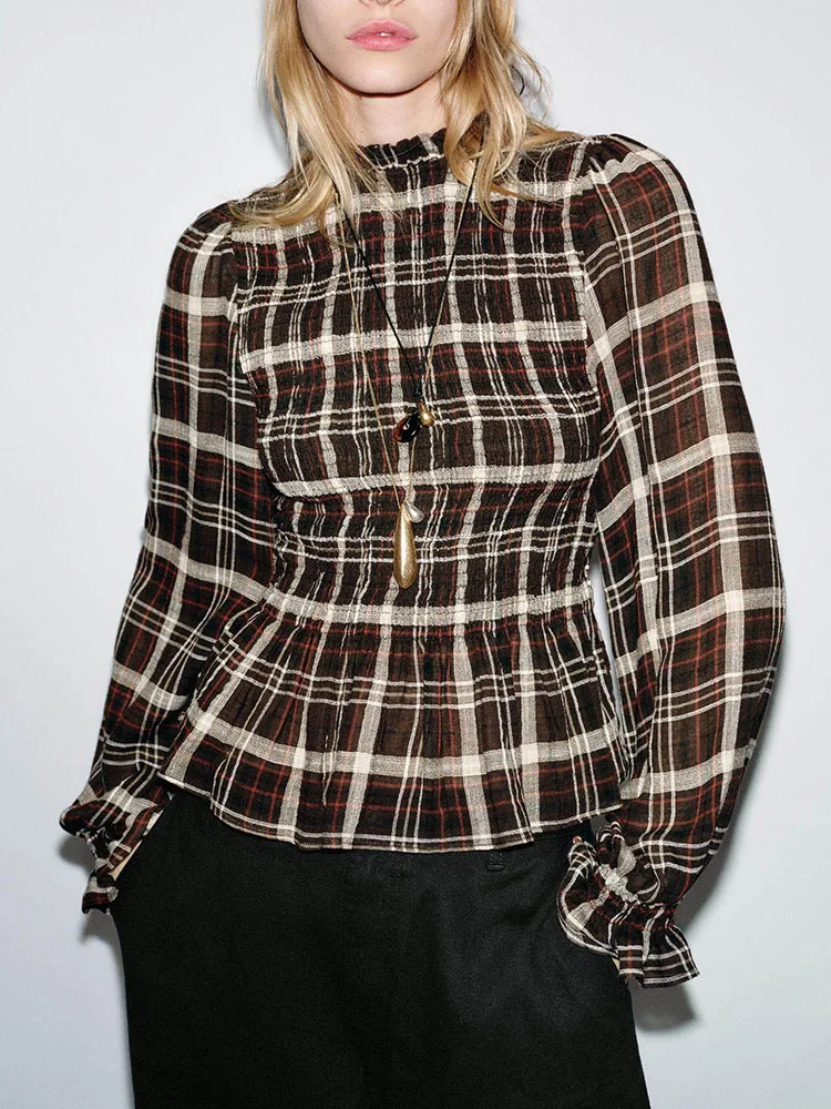 

Spring 2026 Women's Long Sve Stand Collar Honeycomb Plaid irt Casual Sle ort Coat New Arrival Faion Ladies' Clothing