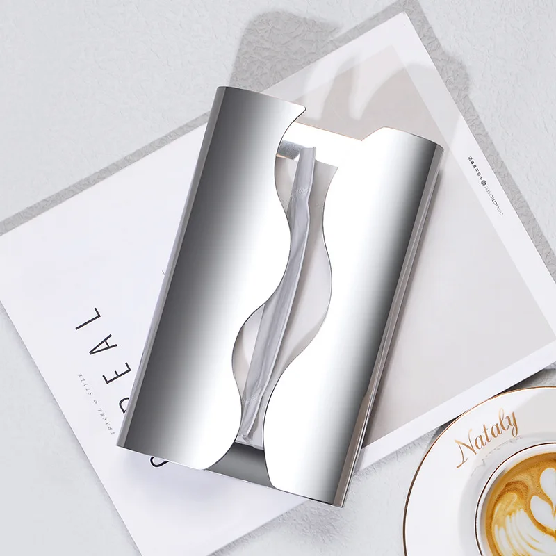 Light luxury curved silver stainless steel tissue box, living room tissue storage box, new Chinese desktop ins drawer