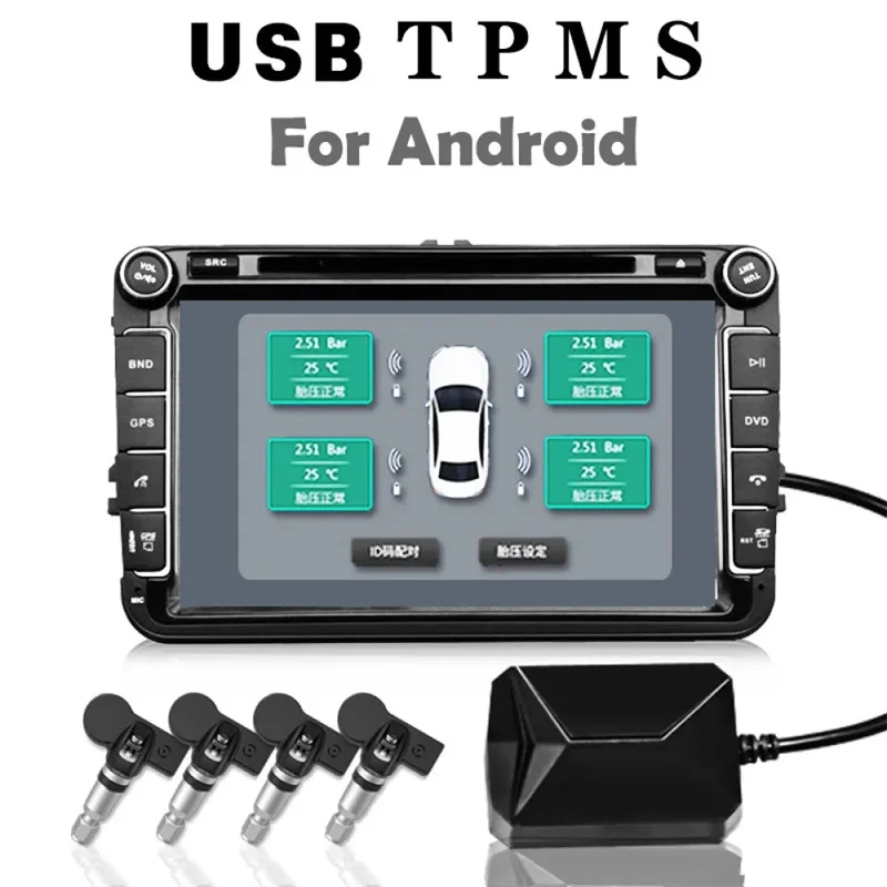 

USB Android TPMS Tire Pressure Monitoring System Display Alarm System Internal External 4 Sensors For Car Navigation Radio