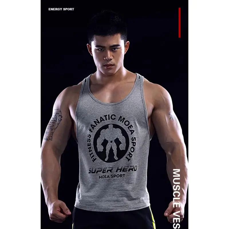 DROZENO Men's Pure Cotton Sports Vest Loose Fit Summer Training Top I-character Design Show Muscle Fitness Clothing