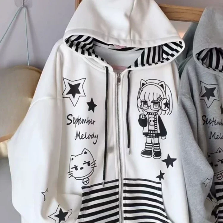 Japanese Cartoon Print Hoodies Women Casual Loose Stripe Patchwork Y2k Aesthetic Zipper Sweatshirt Vintage Gothic Grunge Hoody