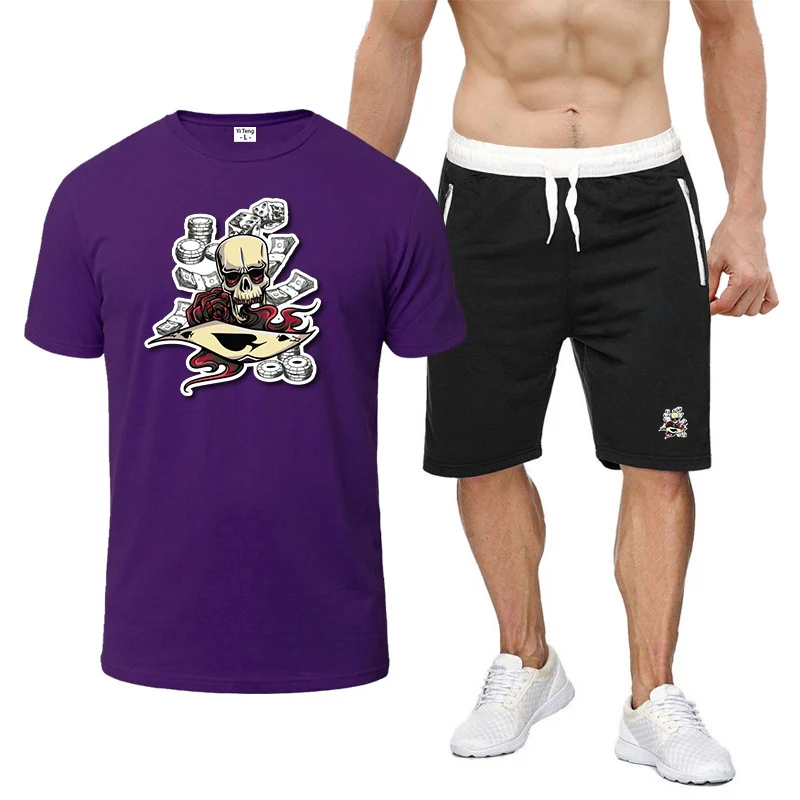 الجمجمة بوكر رقاقة نمط 2025 تيشيرت صيفي + السراويل الرياضية الشارع الشهير رقيقة بدلة رياضية الرجال جديد ثمانية ألوان قصيرة الأكمام مجموعة #6