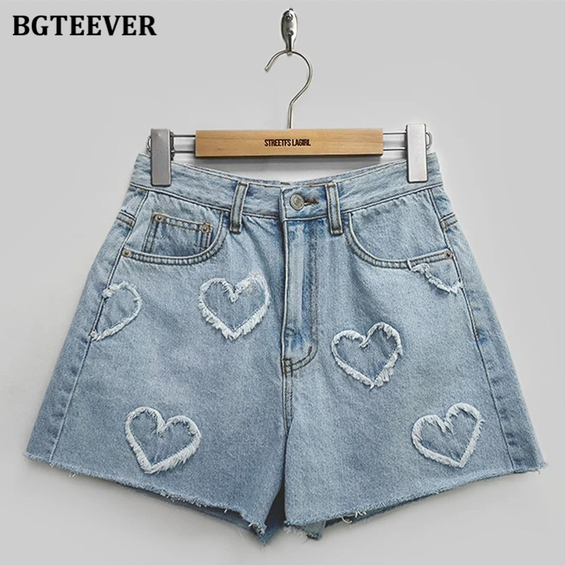 BGTEEVER Stylish High Waist Button Wide Leg Jeans Shorts Women Spring Summer Loose Hearts Women Denim Shorts