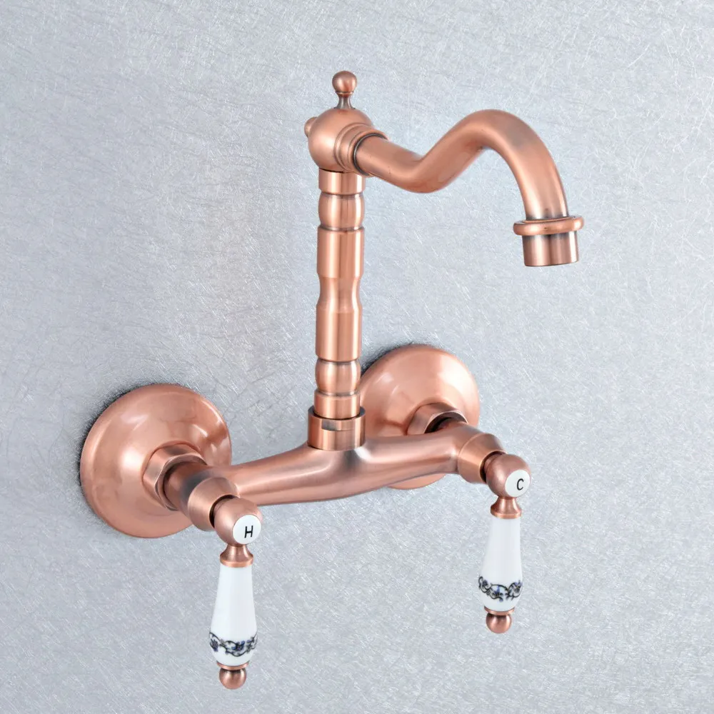 

Antique Red Copper Brass Wall Mounted Kitchen Wet Bar Bathroom Vessel Basin Sink Hot Cold Mixer Tap Swivel Spout Faucet msf895