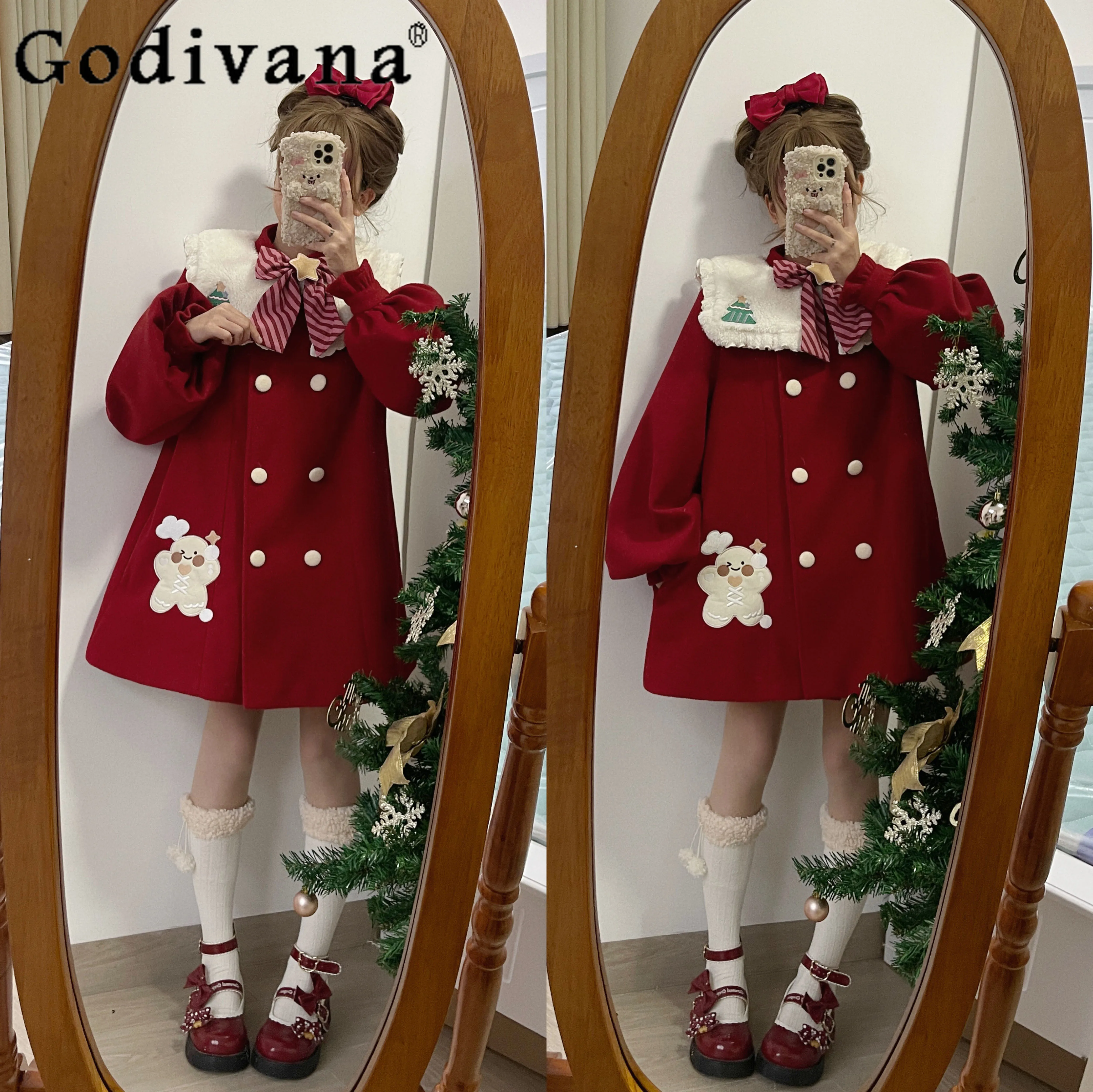 

Women's Christmas Burgundy Sweet Woolen Coat Student Loose Mid-Length Double-breasted Bow Fur Collar Cute Overcoat Winter