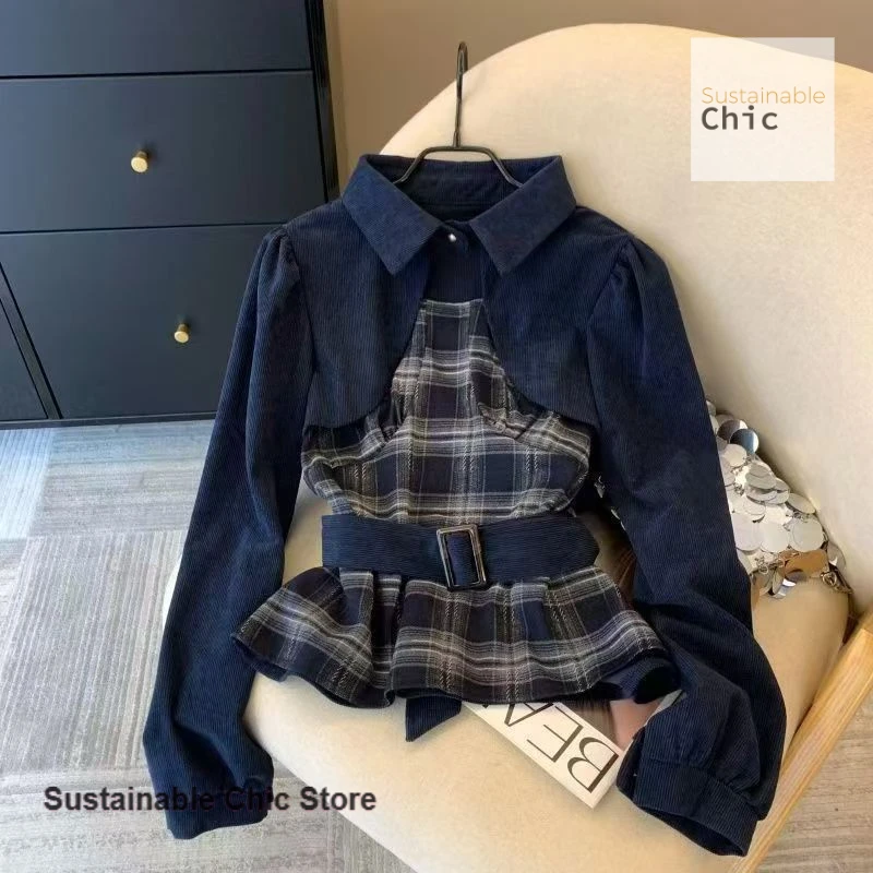 Damskie koszulki z długim rękawem w stylu francuskich Spice Girls, imitacja dwuczęściowej bluzki, nowa jesienno-zimowa moda, casualowe topy z ozdobnym dekoltem.