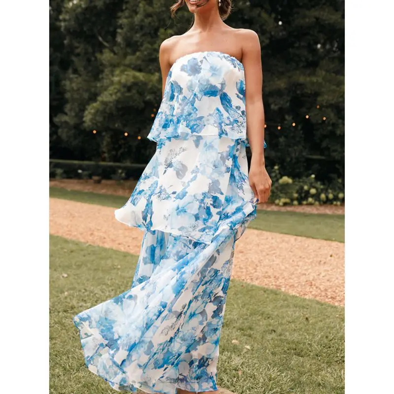 Combhasaki feminino verão boho floral impressão sem alças plissado em camadas sem costas solto a linha bolo tubo vestido longo streetwear