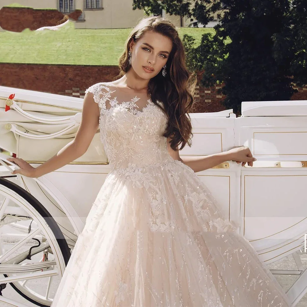 Flavinke Customized A Line Lace Wedding Dresses Appliques Sequined Cap Sleeve Lace Up Bride Dress Sweep Train Gowns Plus Size