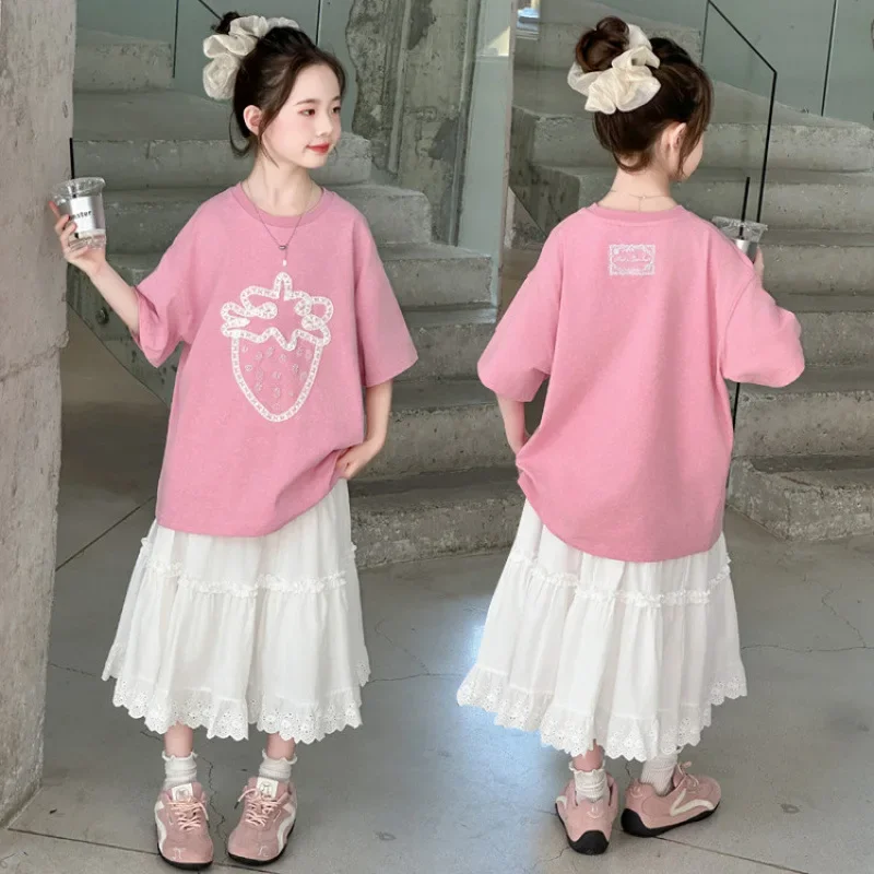 Girls Suit 2026 Summer New Childrens Clothing Korean Style Girl Baby Strawberry Short-sleeved T-shirt Skirt Two Sets Of Casual