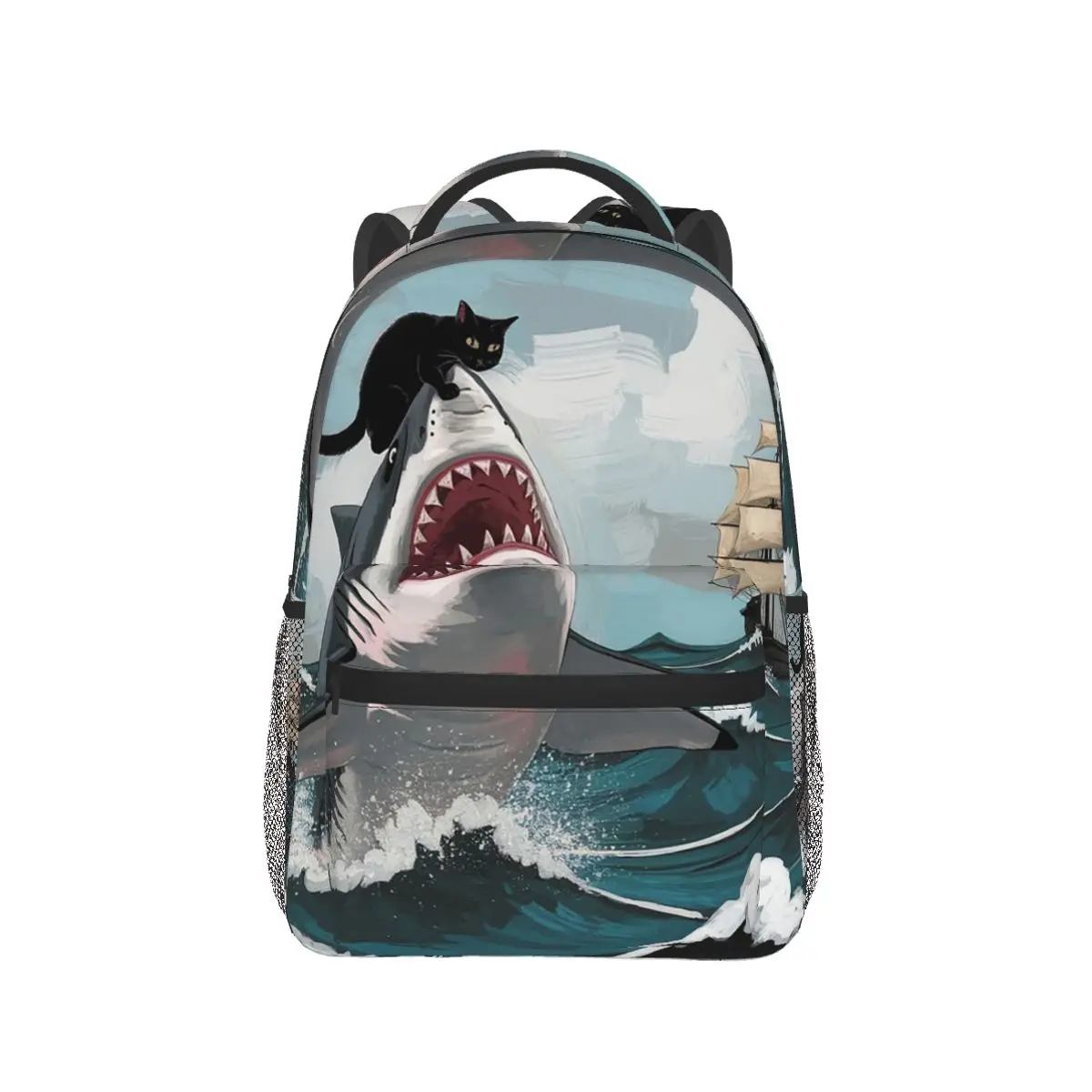 

A Cat Riding A Shark On The Sea Backpack Hot Sale Daypack Large Capacity Children BookBag School Bag Shoulder Bags for Men Women