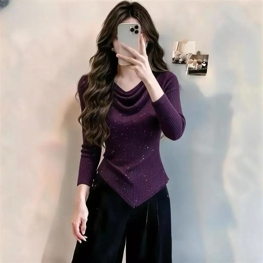 Autumn All-match Fashionable Pleated Long Sleeve T-Shirts Ladies Simplicity Elegant Irregular Slim O-neck Top Tee Women's Tshirt