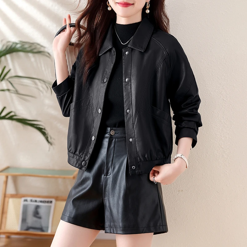 Chaqueta de Cuero E para Mujer, Estilo Nuevo 2024, Primavera Otoño, Prenda Exterior Informal de Alta Gama, Manga Larga...