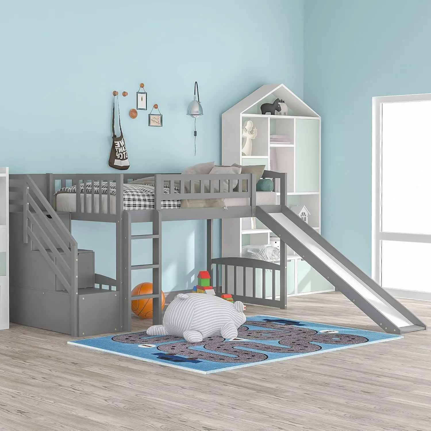 Lit Loft Lits Jumeaux avec Glissière, Lit Loft Bas en Bois avec Escaliers et Rangement pour Enfants, Bol, Garçons, Adolescents, Gris