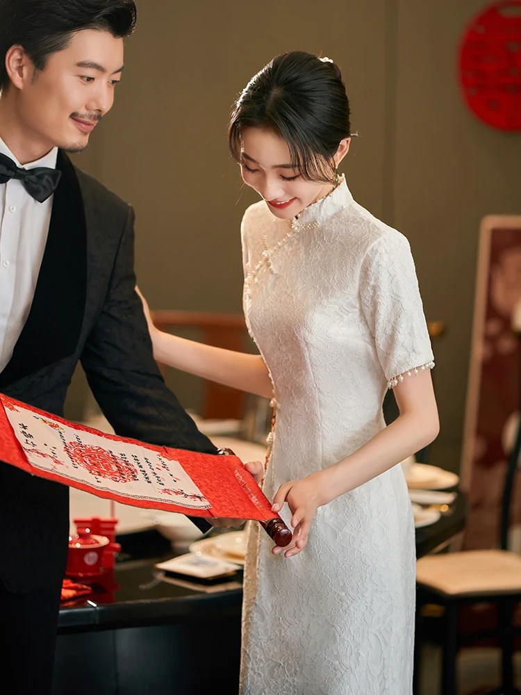 

White Lace Young Sle Wedding Dr Cusizable Engagement Dr ort Sve mid Waist Fit for Small Stature Women