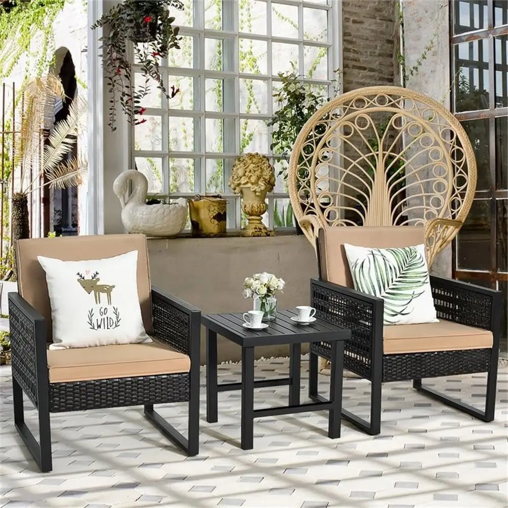 3-Piece Rattan Bistro Set, Brown Steel Frame Cushioned Sofa & Coffee Table, Compact Patio Balcony Garden Furniture, Customized