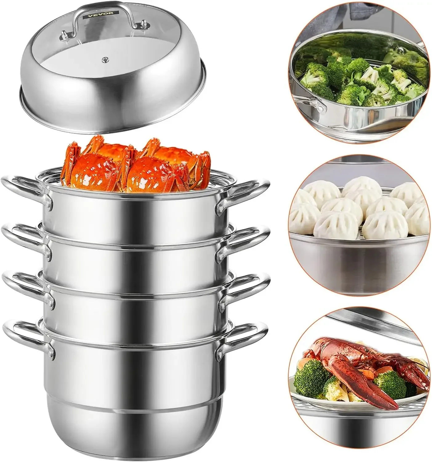 Steamer Pot 11in/28cm, 5 Tier Steamer Pot for Cooking with 8.5QT Stock Pot, 3 Vegetable Steamers & 2 Steaming Trays