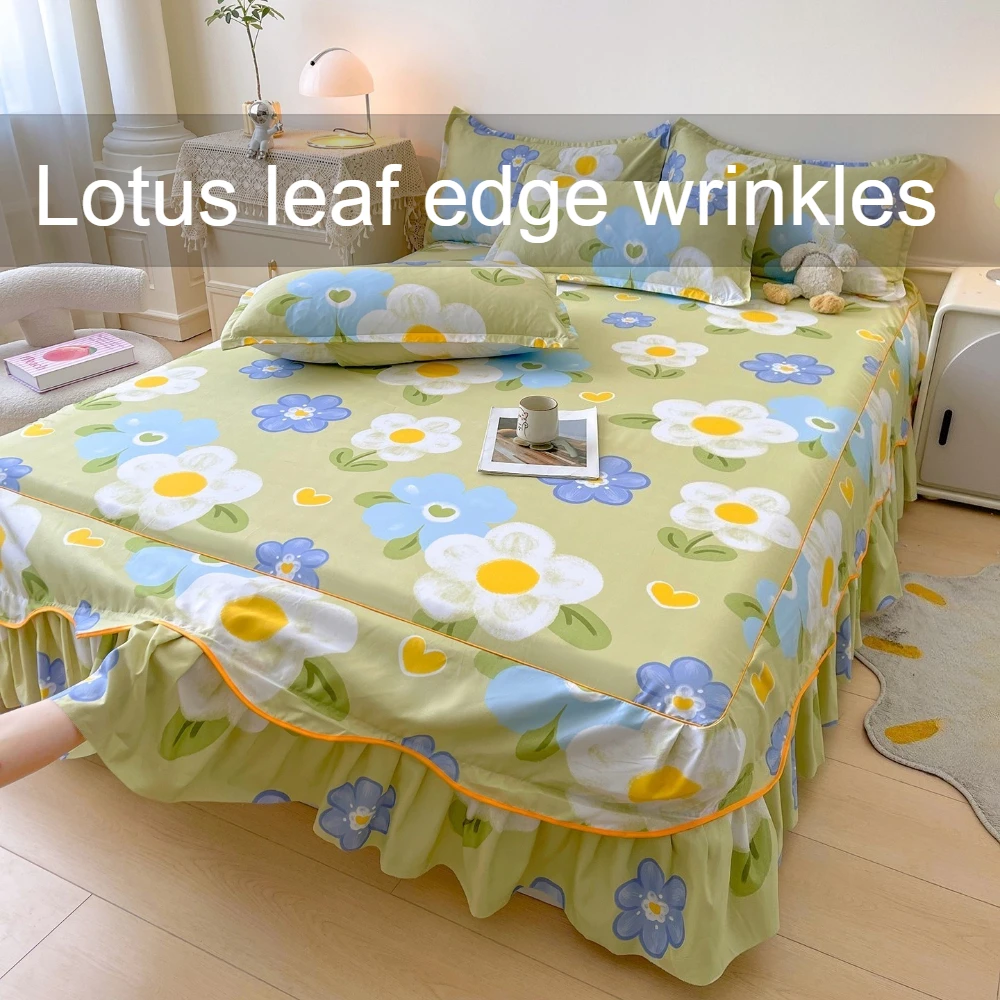 3pcs Soft ‌Korean Style Princess Bed Skirt Ruffled Lace Bedspread Floral Print Cover for Bedroom/Dorm Twin Queen King Size Beds