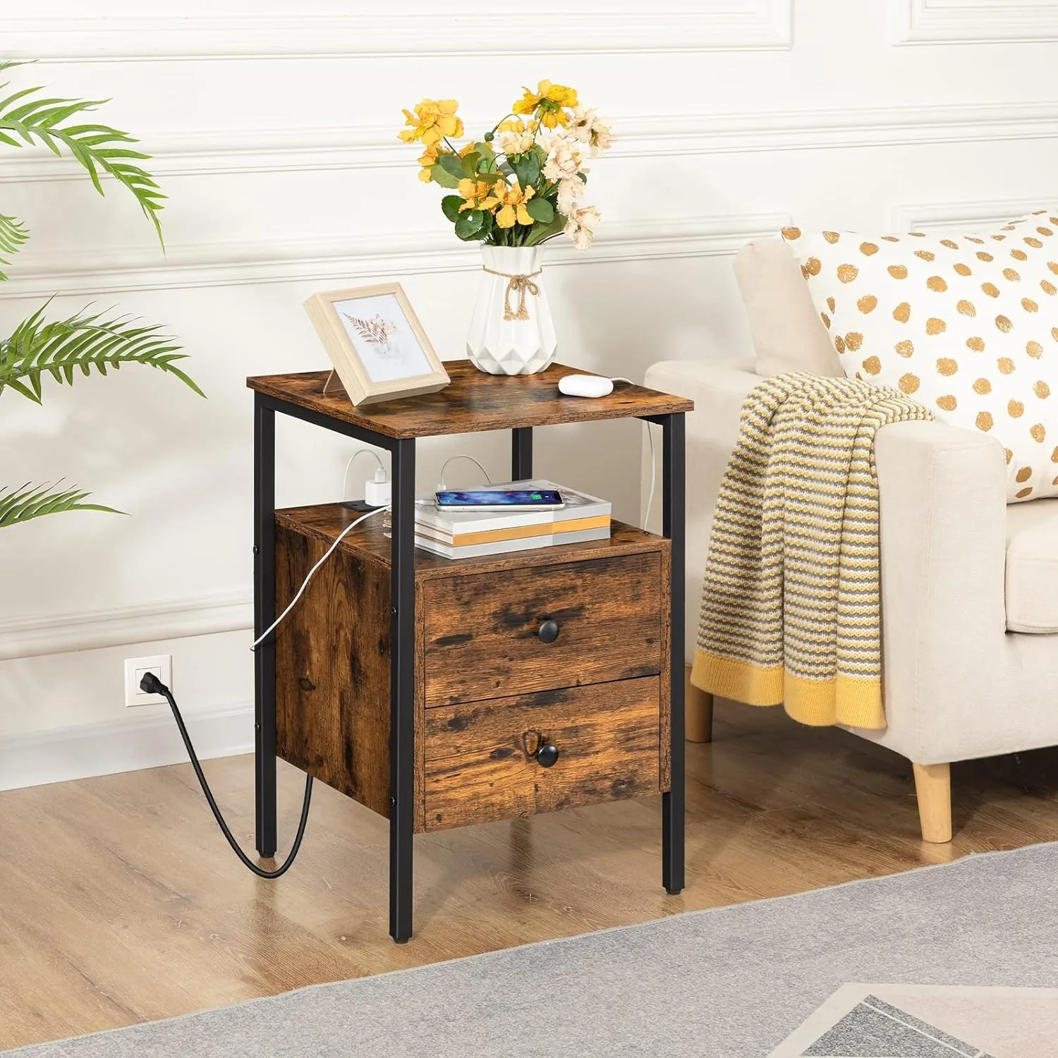 End Table with Charging Station and USB Ports Side Table with Drawers and Storage Shelf Set of 2 Bedside Table for Small Spaces