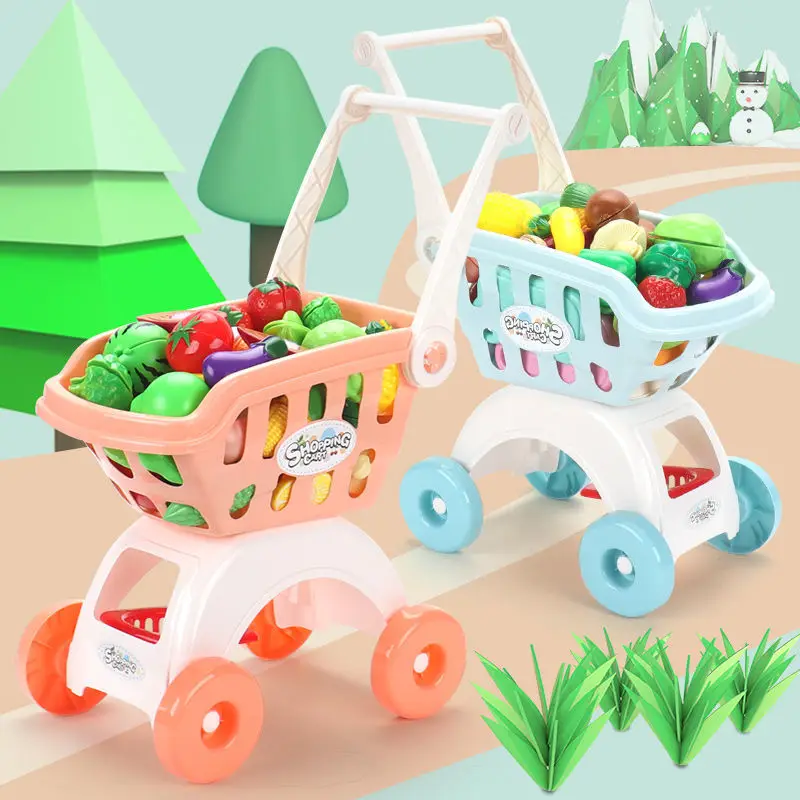 27Pcs Shopping Trolley Cart Supermarket Trolley Push Car Toys Basket Mini Simulation Fruit Food Pretend Play Toy for Children