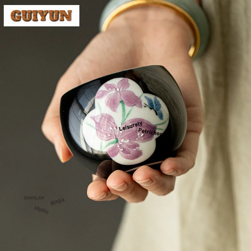 

120ml Hand-painted Iris Teacup Zen Tea Bowl Sample Tea Cup Tea-tasting Meditation Cup Chazhan Master Cups Teaset Decoration