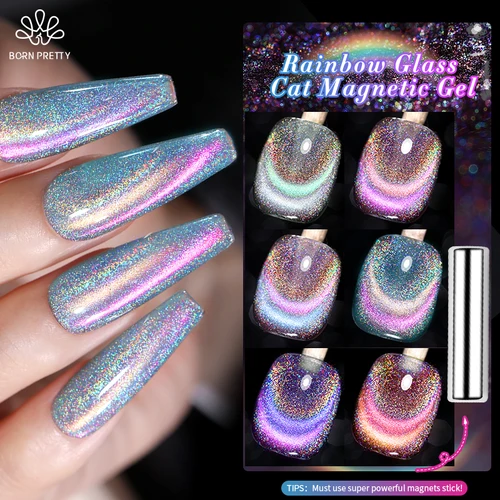 Imagen 1 del producto BORN PRETTY 10ml Rainbow Glass Cat Esmalte de uñas de gel magnético Doble luz Brillo brillante Soak Off Varnis Uñas semipermanentes