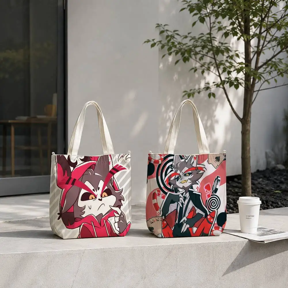 Husk Hazbin Hotel Graphic Tote Bag for Women Reusable Shopping Tote Bag Zippered Shoulder Bags Print