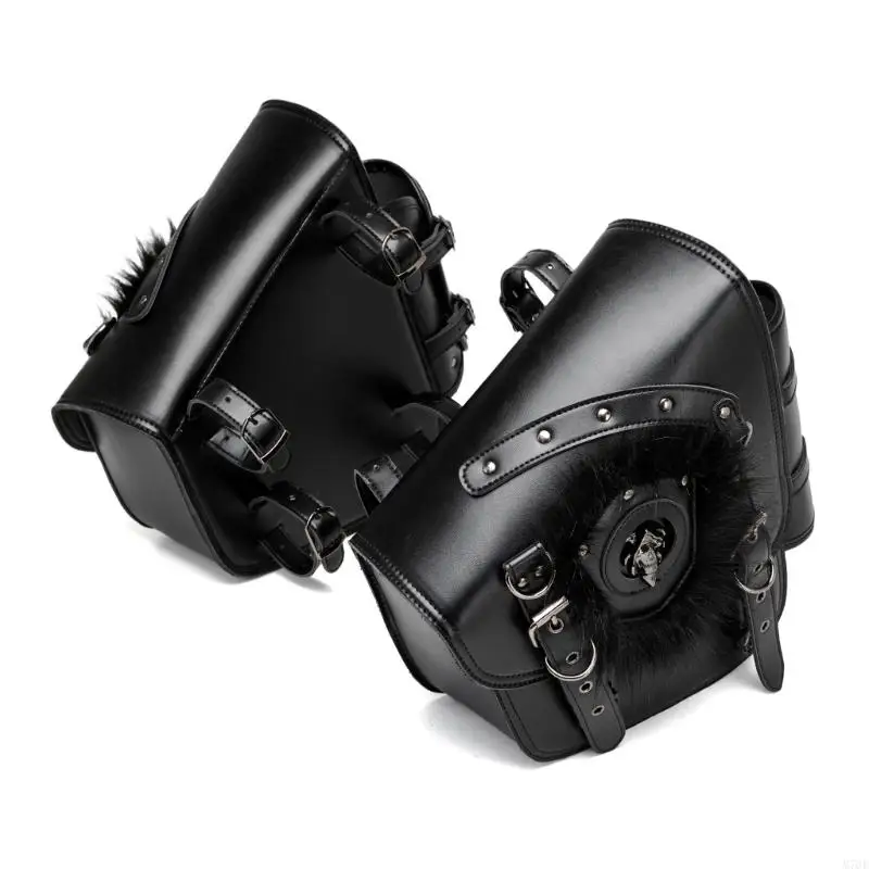 M76E Motorrad-Satteltaschen-Paar für seitliche Aufbewahrung mit Nietenverzierung, Totenkopf-Abzeichen und Schnallenriemenklappe – Detail 9