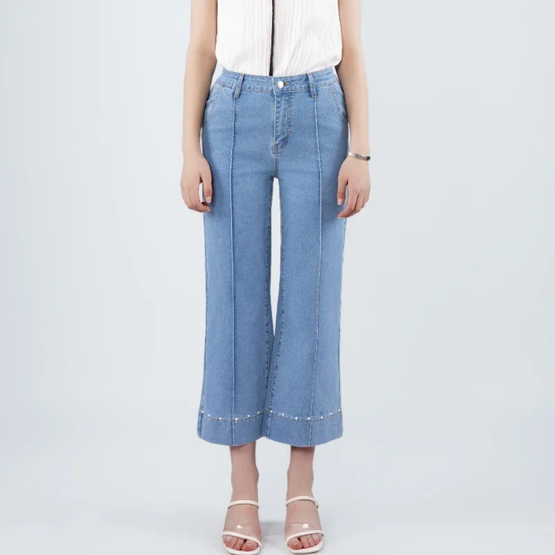 

Осенние новые женские темно-синие прямые джинсы с высокой талией, облегающие широкие брюки, эластичная джинсовая ткань, элегантные интеллектуальные джинсы