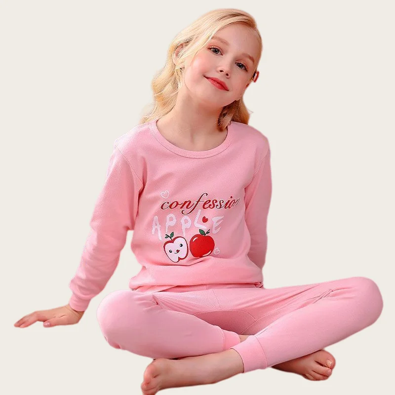 100% Cotton Children's Long Johns Spring and Autumn Medium Girls' Underwear Set Long Pants Set 2 Pack Long Sleeves Loungewear