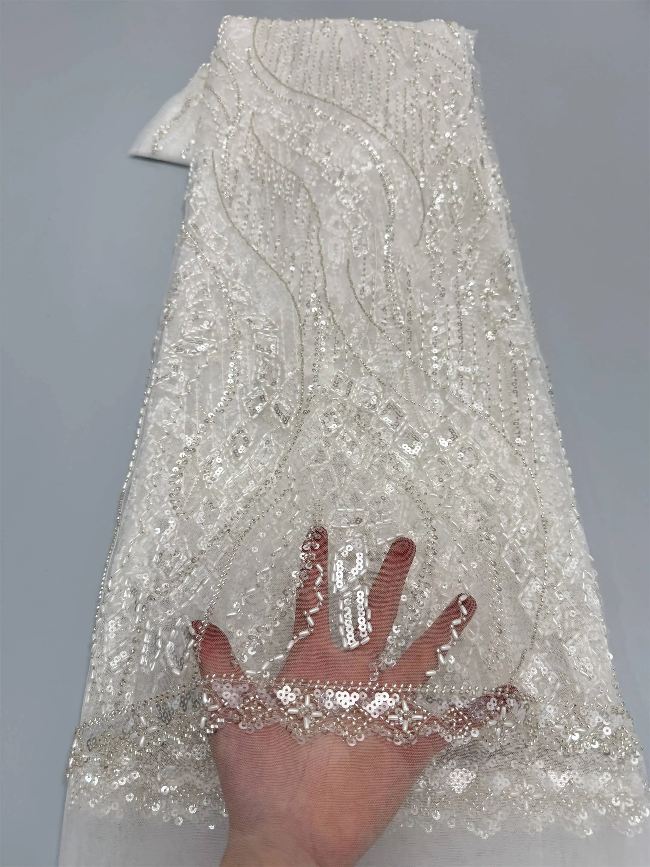 

African Groom Beaded Lace Fabric 2026 High Quality White French Nigerian Sequin Lace Fabric for Bridal Wedding Party Dresses